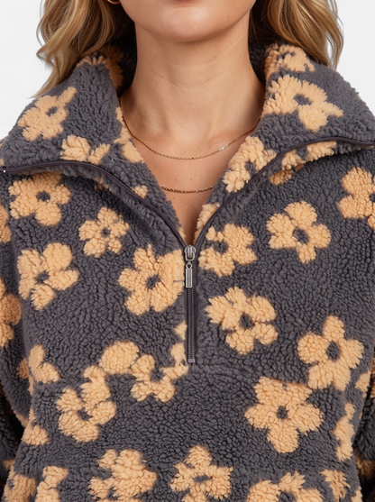 Womens Oversized Floral Fleece Half-Zip Jacket - Yellow - Detail