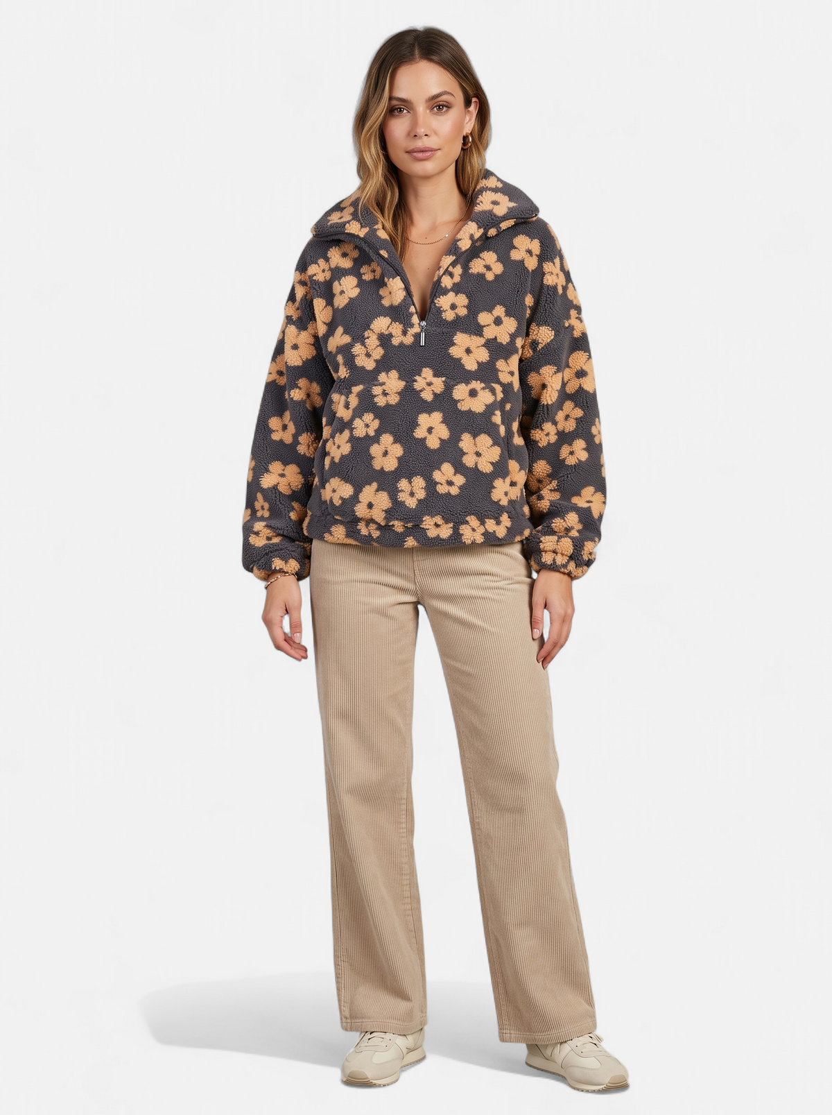 Womens Oversized Floral Fleece Half-Zip Jacket - Yellow - Full Body