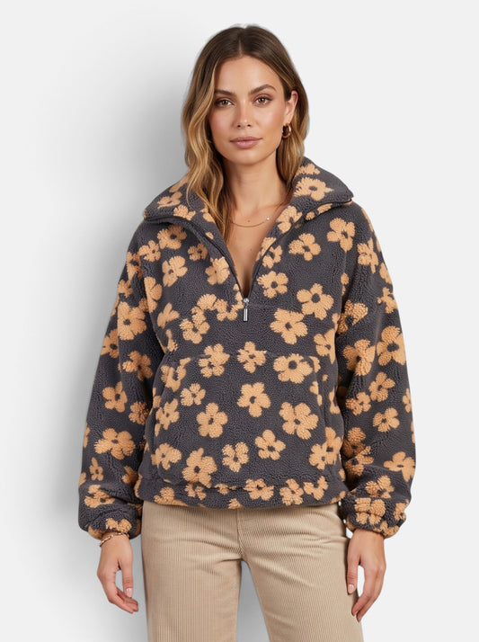 Womens Oversized Floral Fleece Half-Zip Jacket - Yellow - Hero