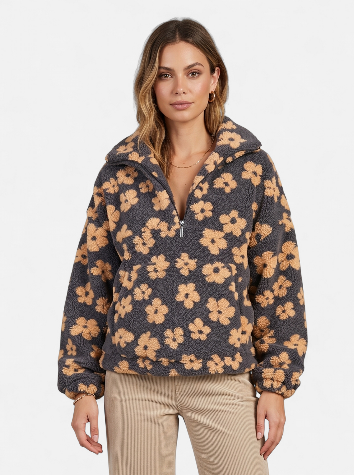Womens Oversized Floral Fleece Half-Zip Jacket - Yellow - Hero