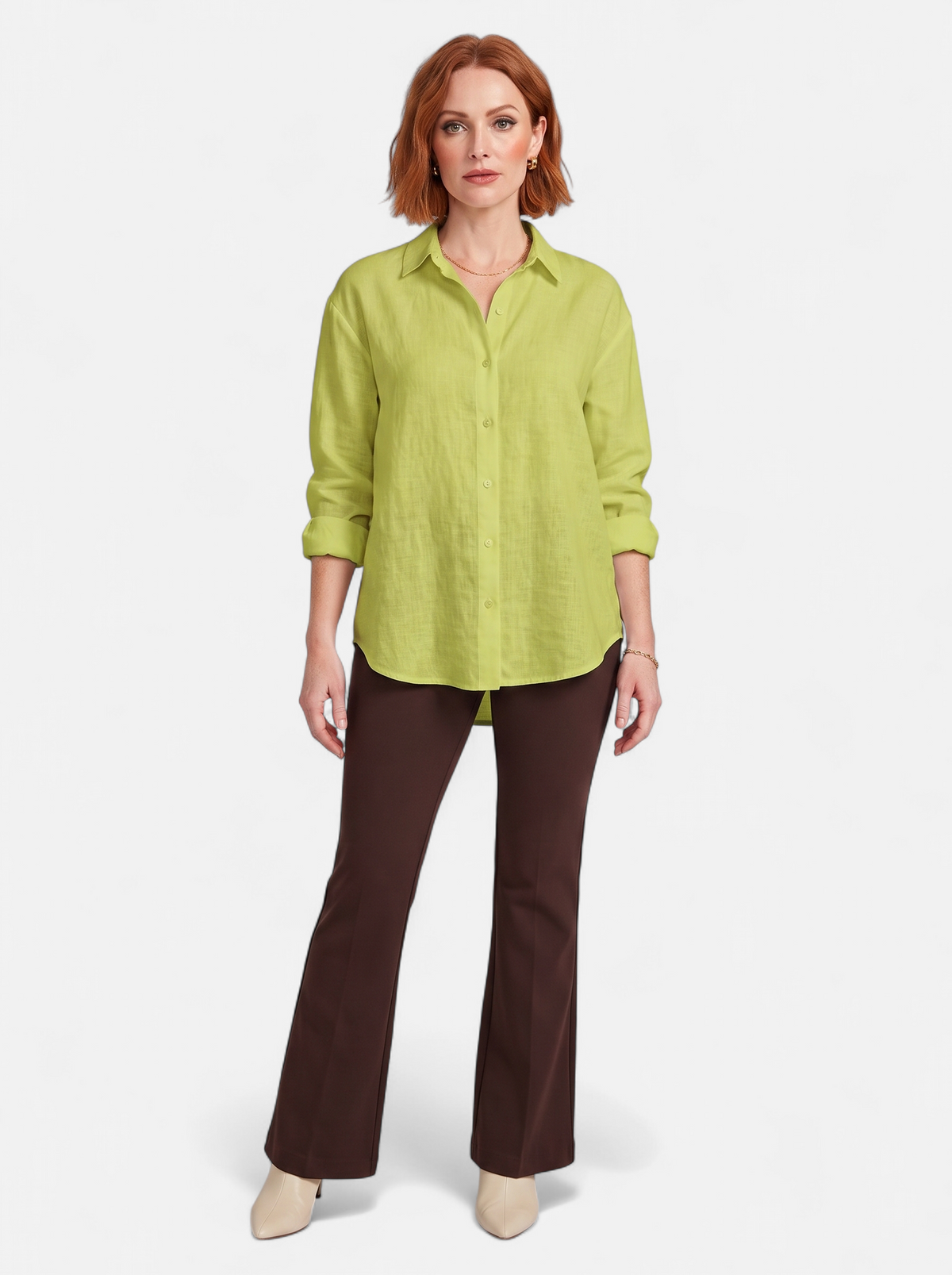 Women's green oversized linen button-up shirt full body shot