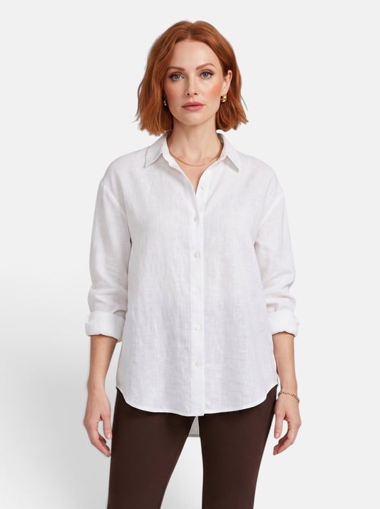 Women's white oversized linen button-up shirt hero shot