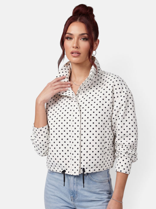 Women's white polka dot drop-shoulder bomber jacket hero