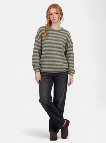 Women's Oversized Striped Crew Neck Sweater in Green - Full Body