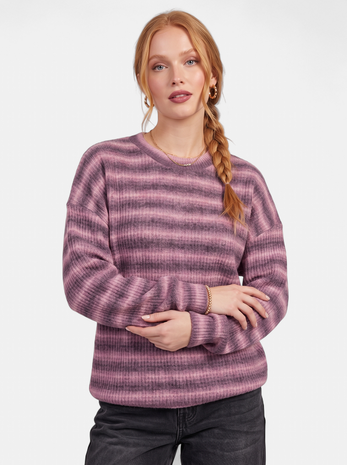 Women's Oversized Striped Crew Neck Sweater in Purple - Hero
