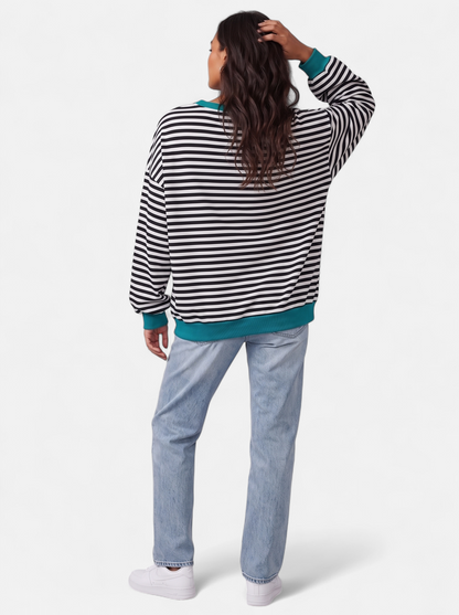 Women's Oversized Striped Sweatshirt with Contrast Trim