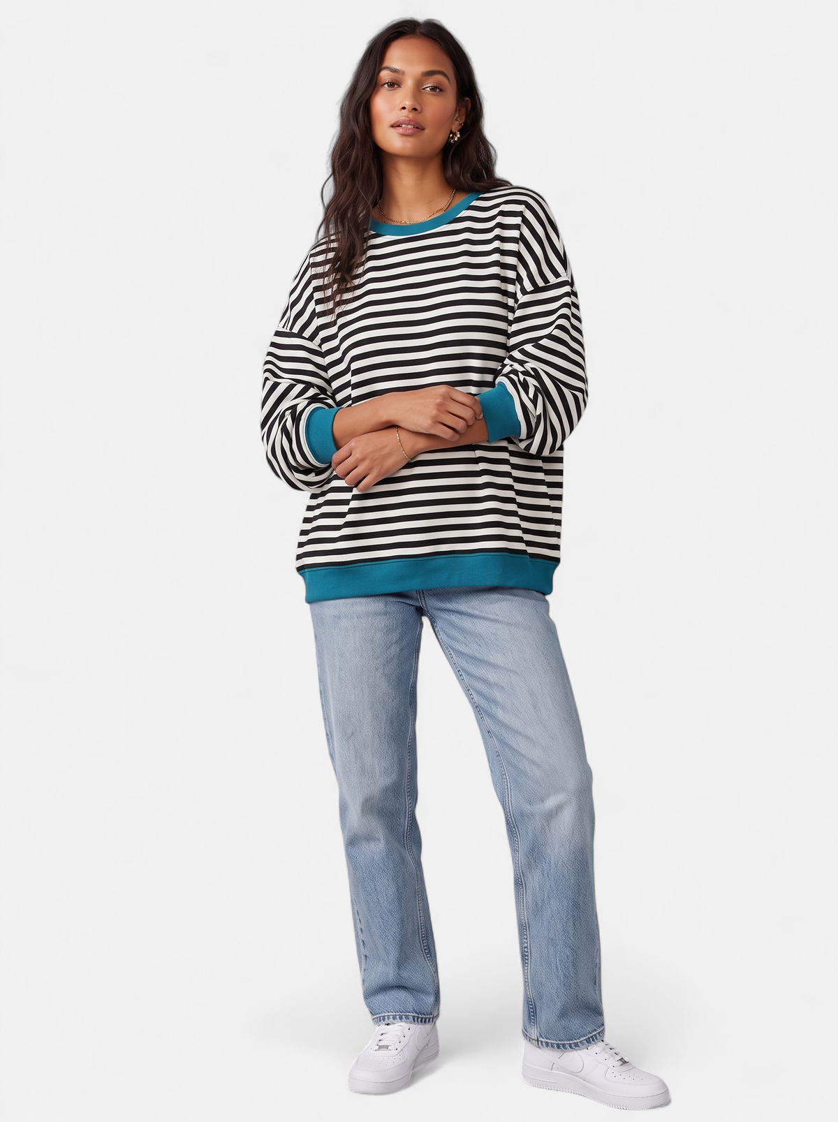 Women's Oversized Striped Sweatshirt with Contrast Trim