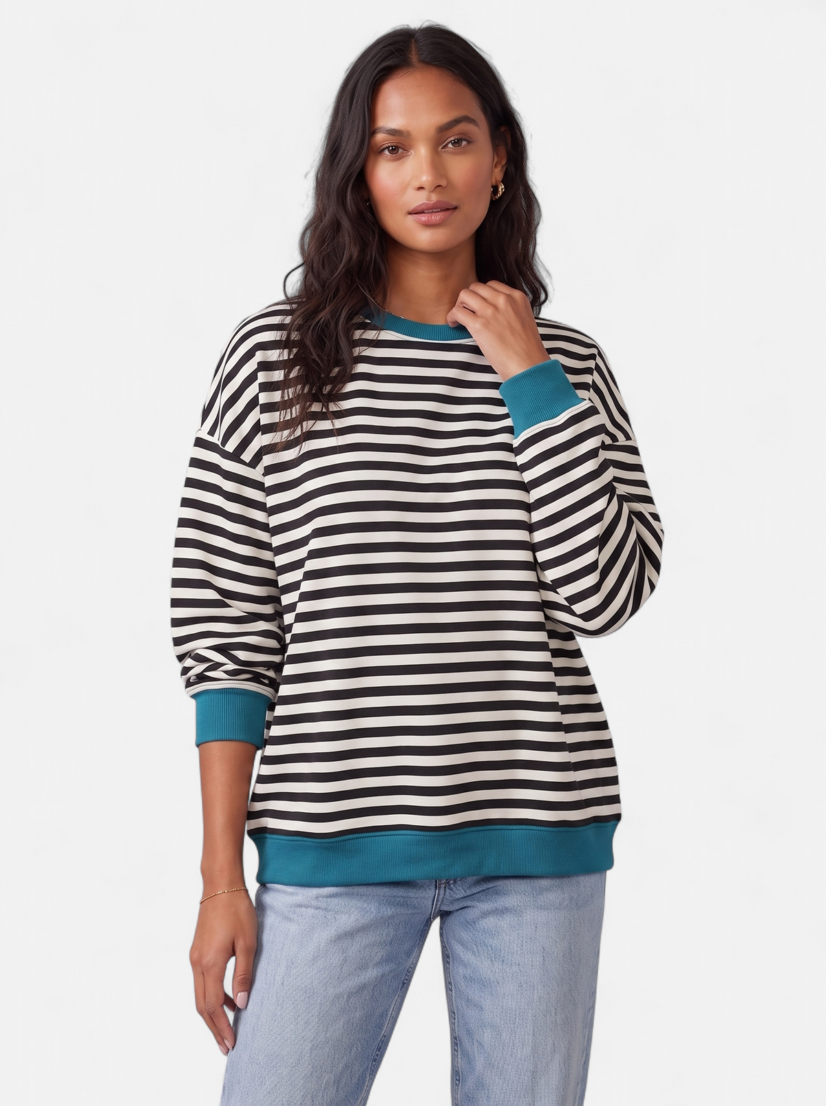 Women's Oversized Striped Sweatshirt with Contrast Trim
