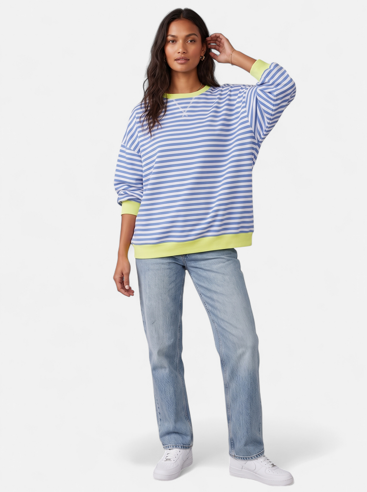 Women's Oversized Striped Sweatshirt with Contrast Trim