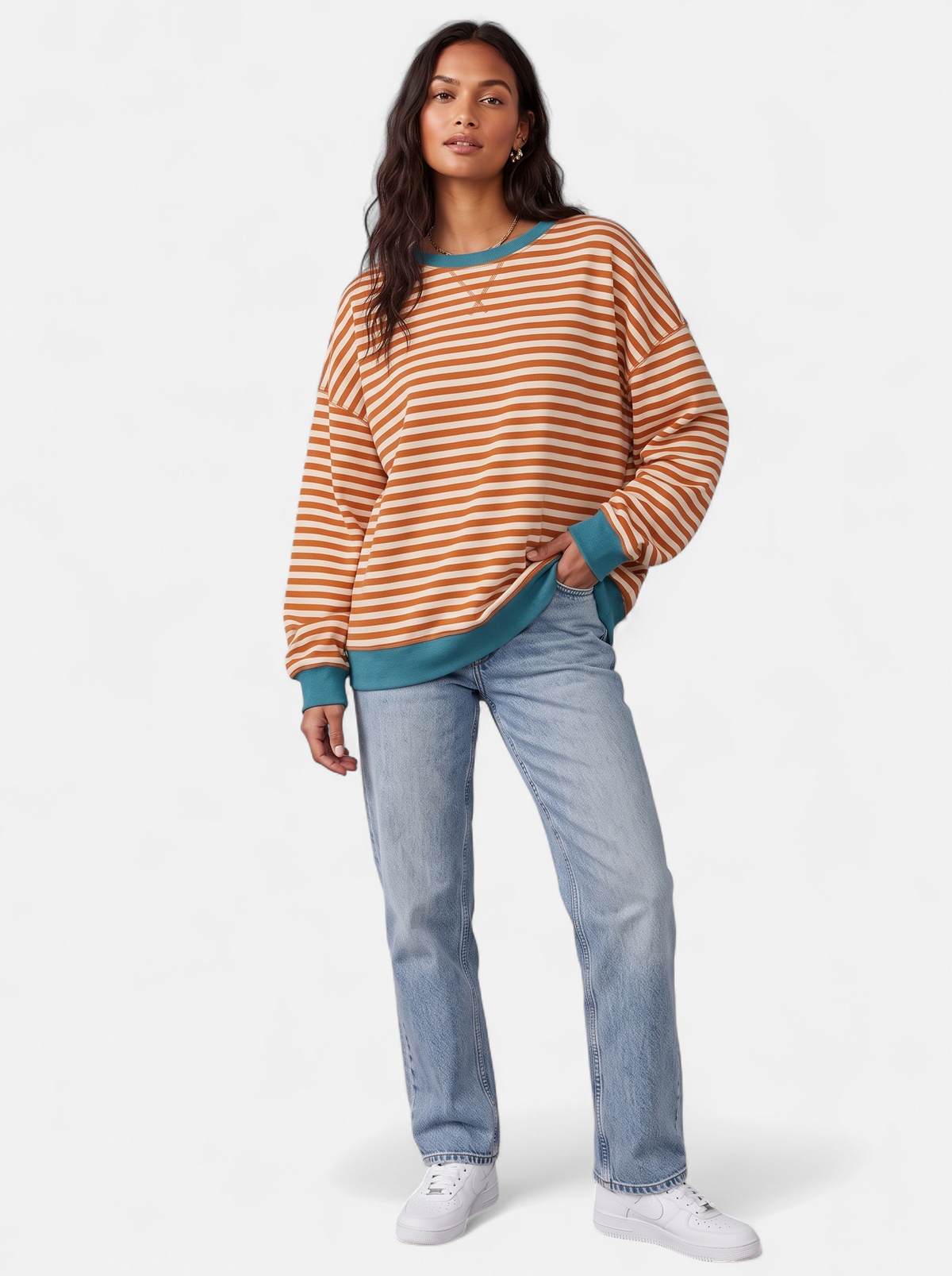 Women's Oversized Striped Sweatshirt with Contrast Trim