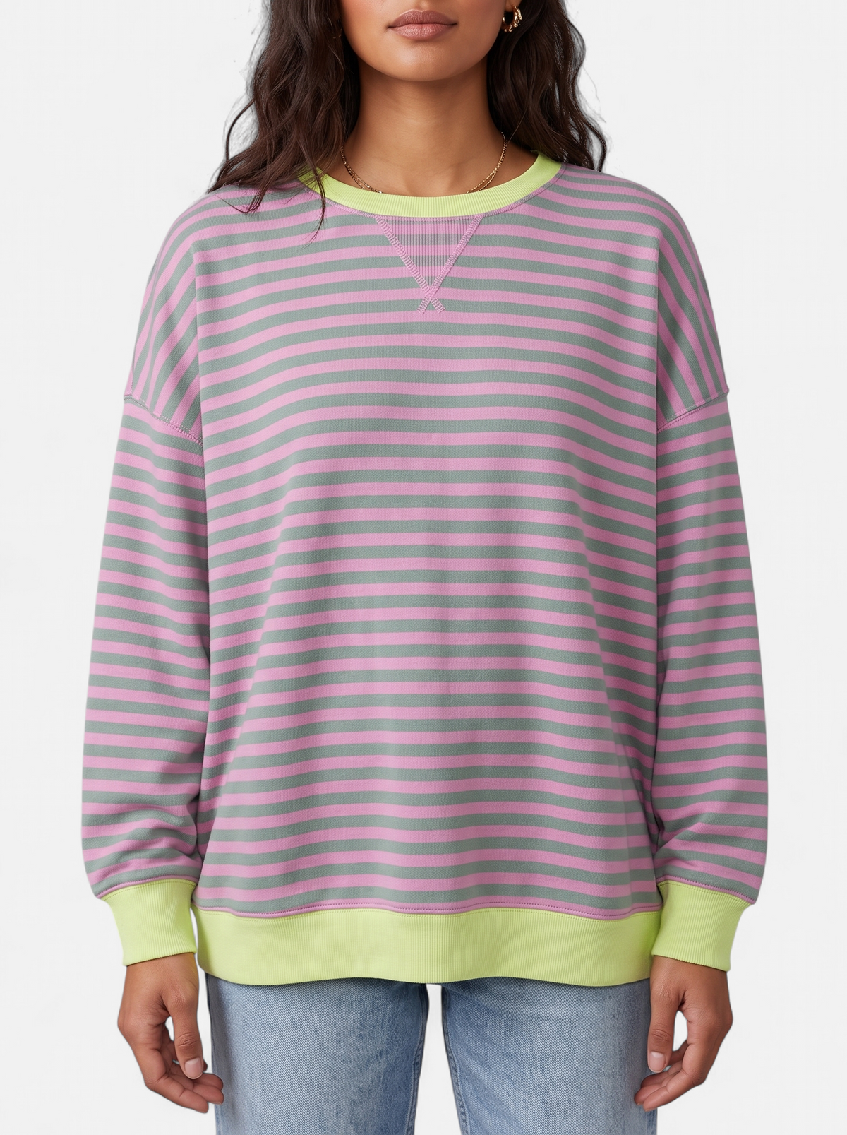 Women's Oversized Striped Sweatshirt with Contrast Trim