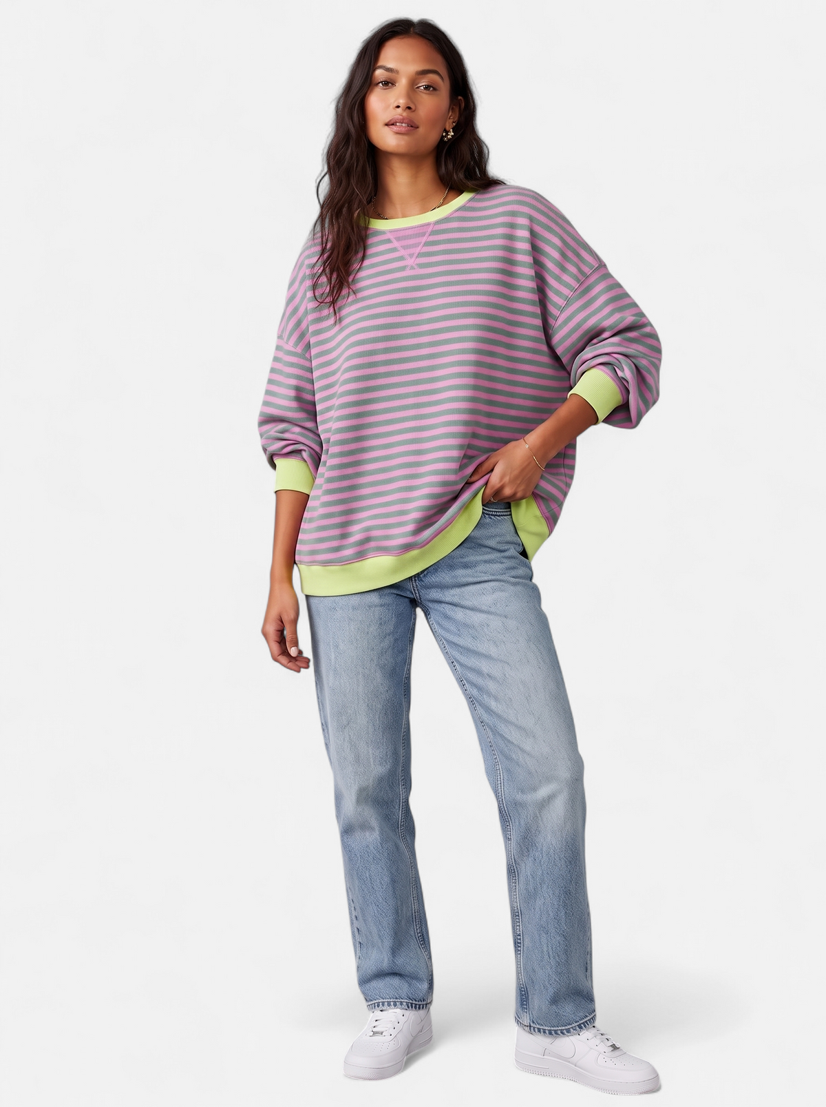 Women's Oversized Striped Sweatshirt with Contrast Trim