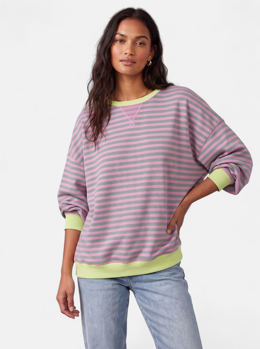 Women's Oversized Striped Sweatshirt with Contrast Trim