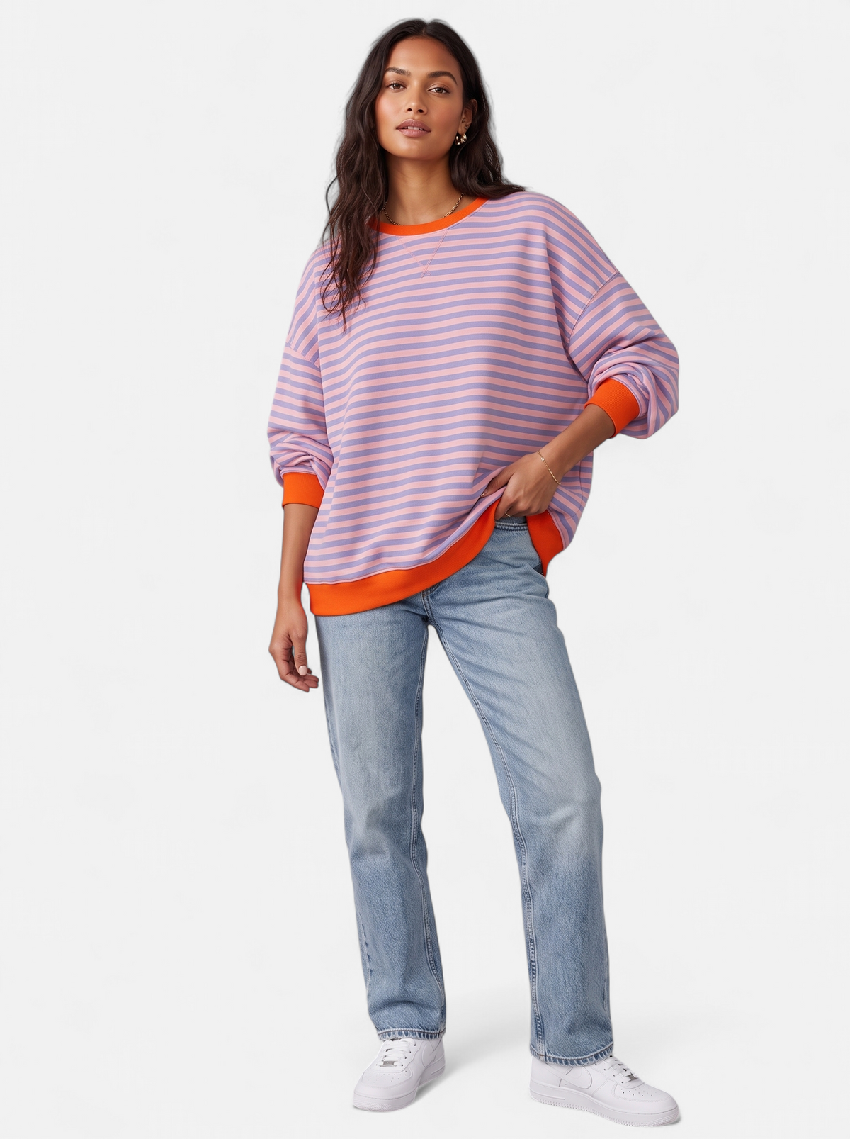 Women's Oversized Striped Sweatshirt with Contrast Trim
