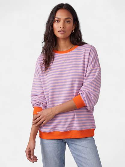 Women's Oversized Striped Sweatshirt with Contrast Trim