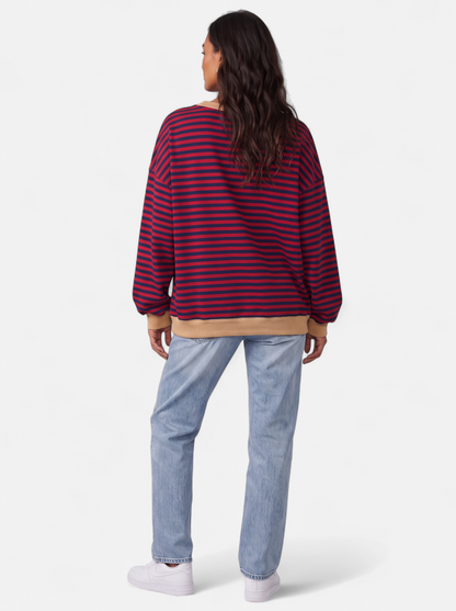 Women's Oversized Striped Sweatshirt with Contrast Trim