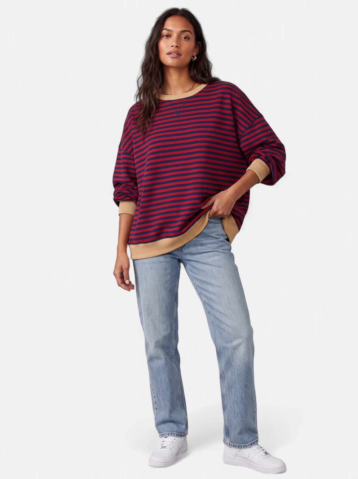 Women's Oversized Striped Sweatshirt with Contrast Trim