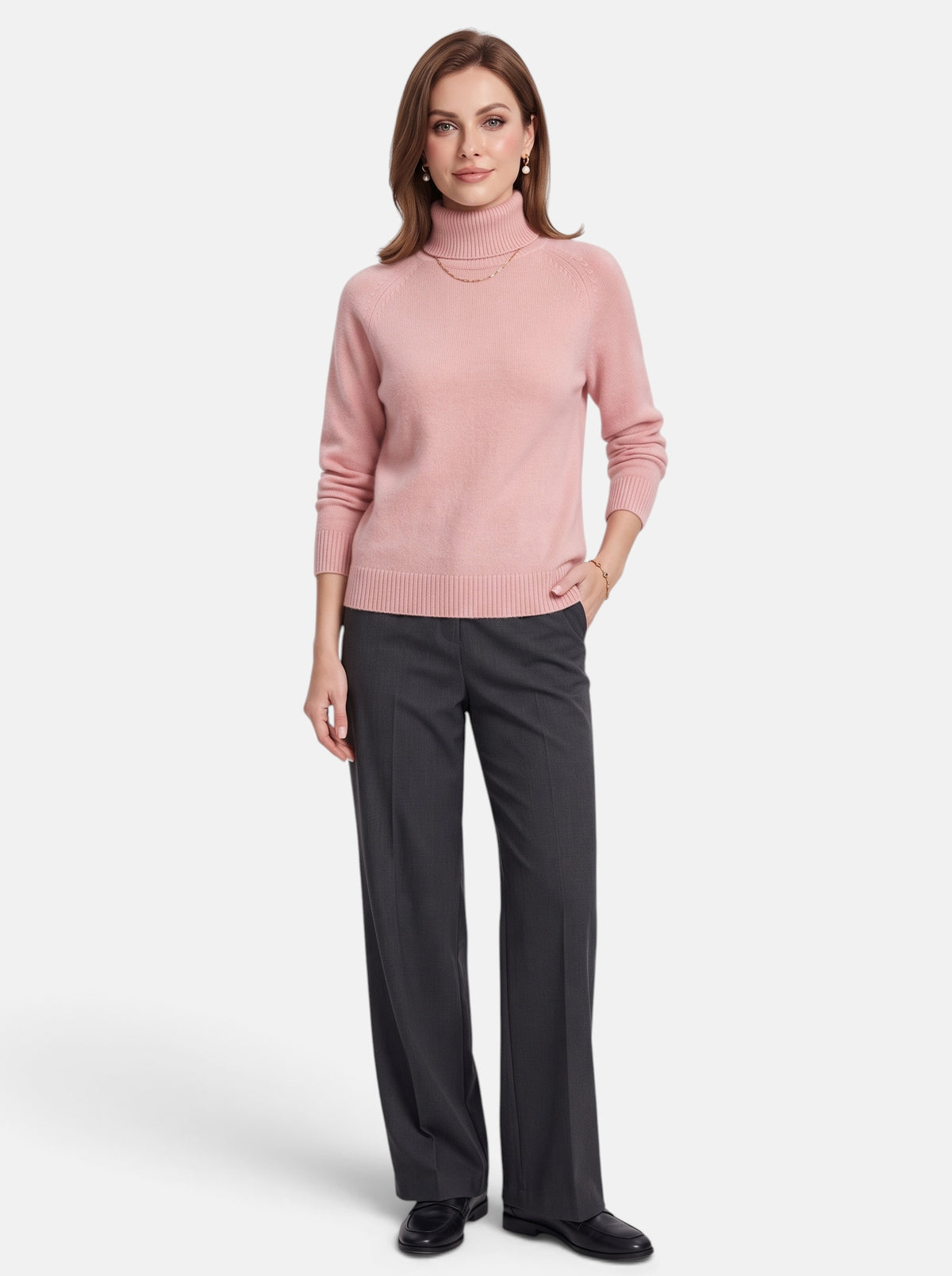Women's Pink Boxy Turtleneck Long Sleeve Knit Sweater - Full Body