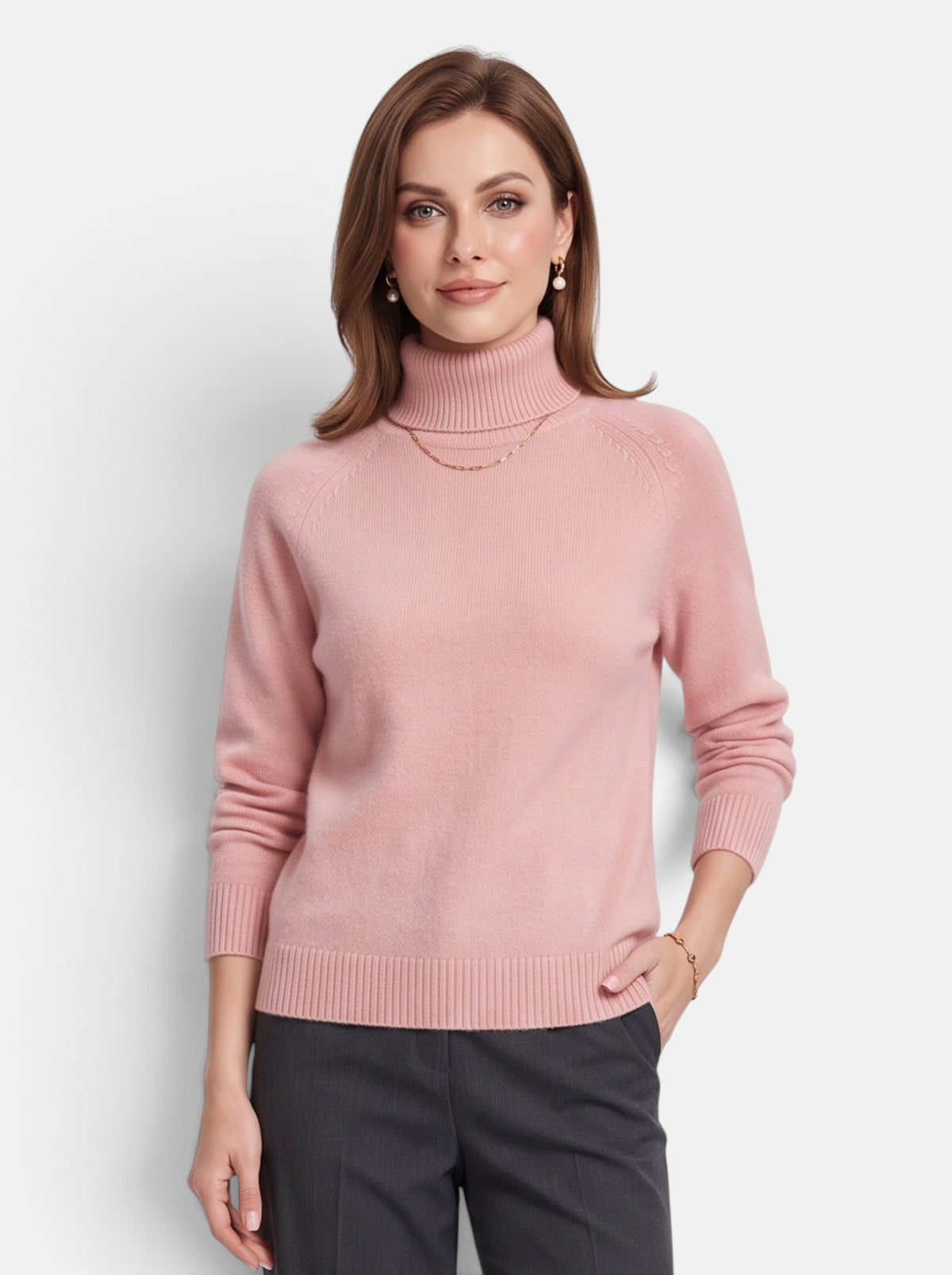 Women's Pink Boxy Turtleneck Long Sleeve Knit Sweater - Front