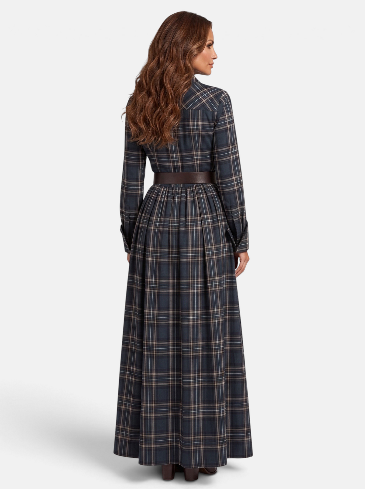 Women's Flowing Plaid Button-Down Belted Maxi Dress in Black - Back View