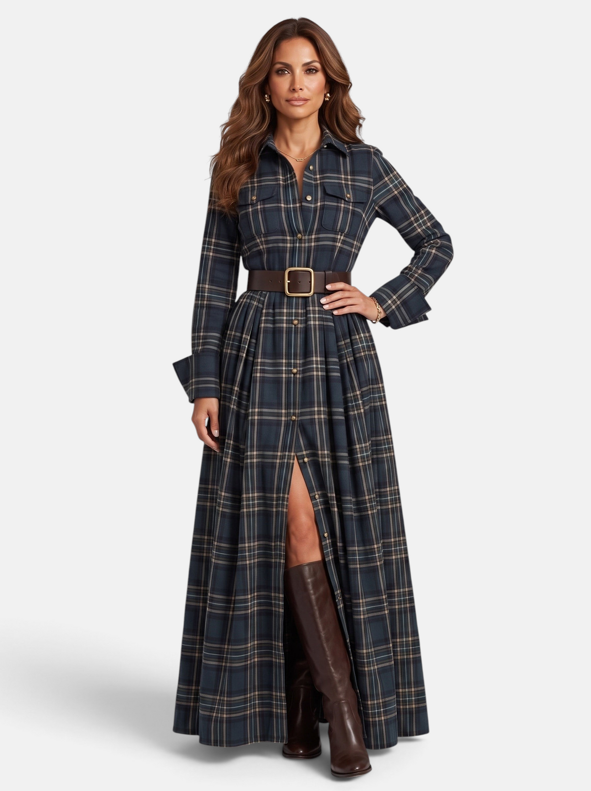 Women's Flowing Plaid Button-Down Belted Maxi Dress in Black - Full View