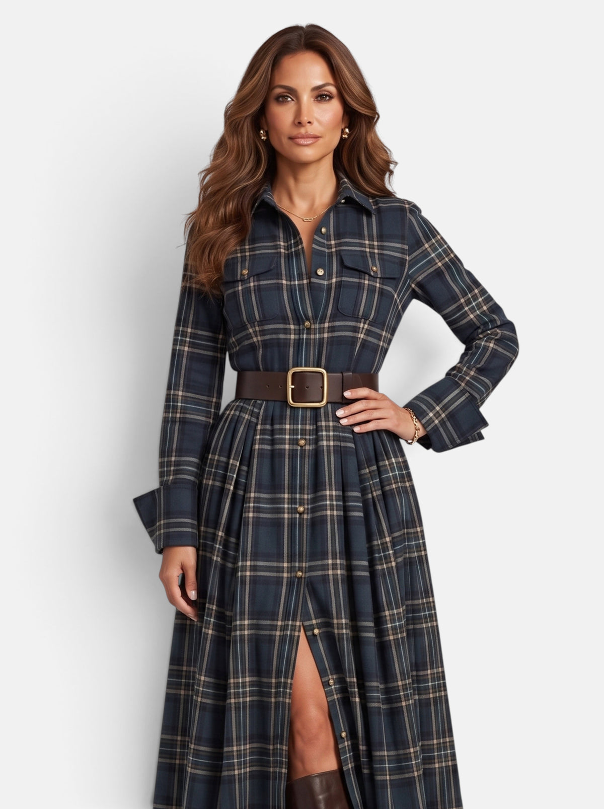 Women's Flowing Plaid Button-Down Belted Maxi Dress in Black - Front View
