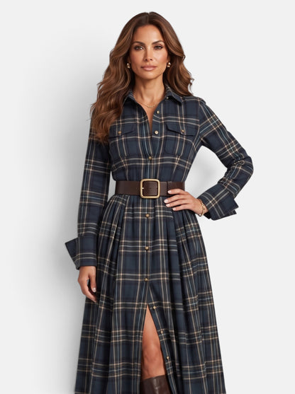 Women's Flowing Plaid Button-Down Belted Maxi Dress in Black - Front View