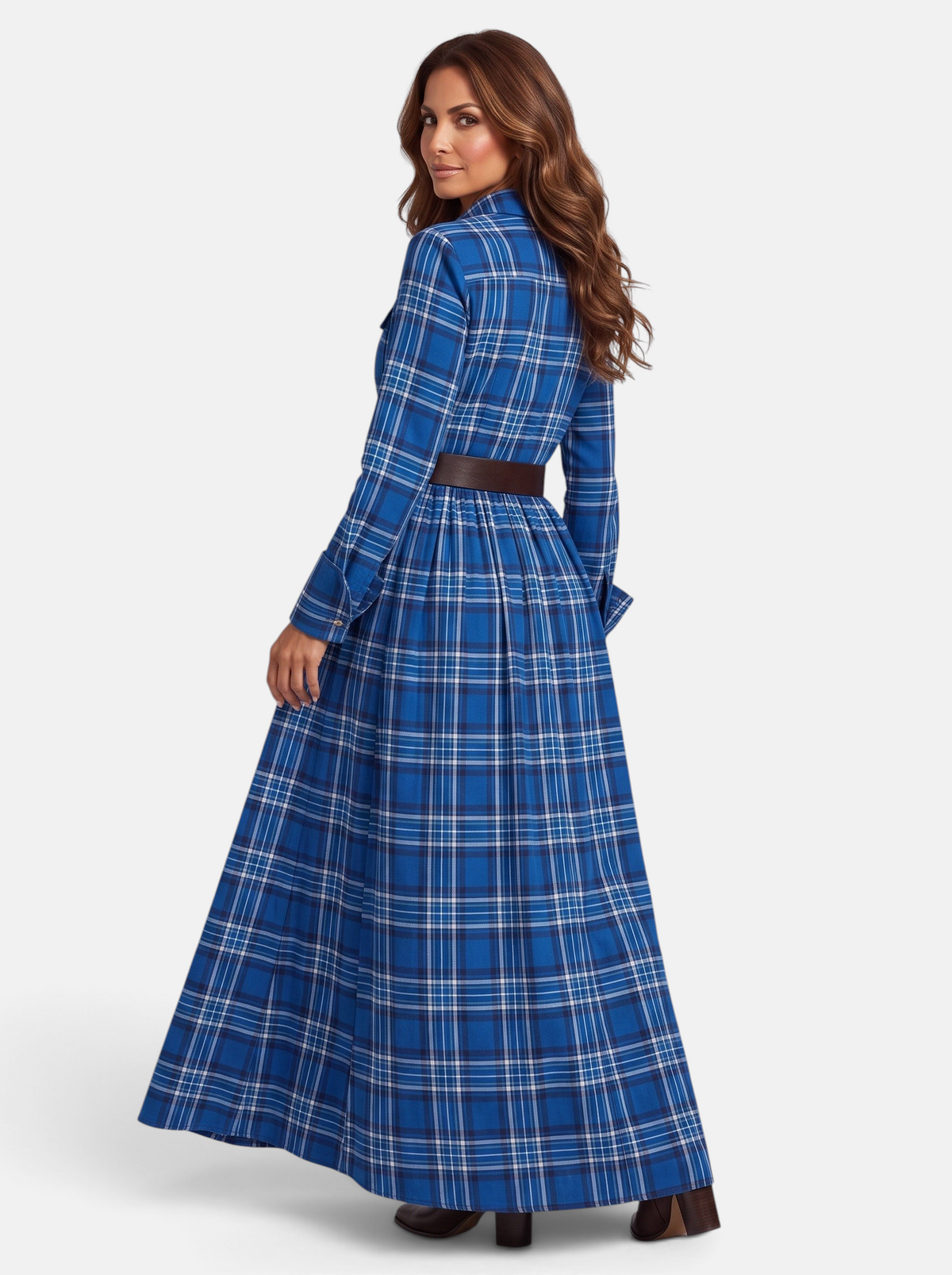 Women's Flowing Plaid Button-Down Belted Maxi Dress in Blue - Back View