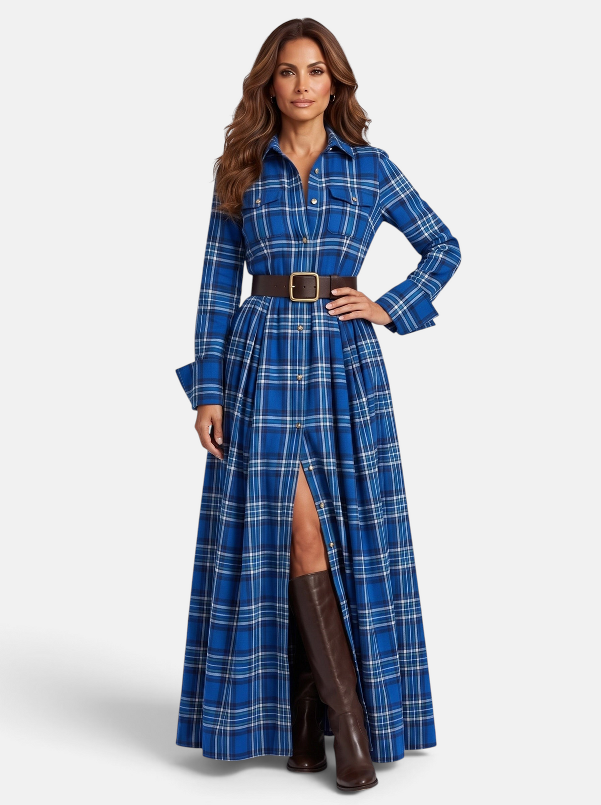 Women's Flowing Plaid Button-Down Belted Maxi Dress in Blue - Full View