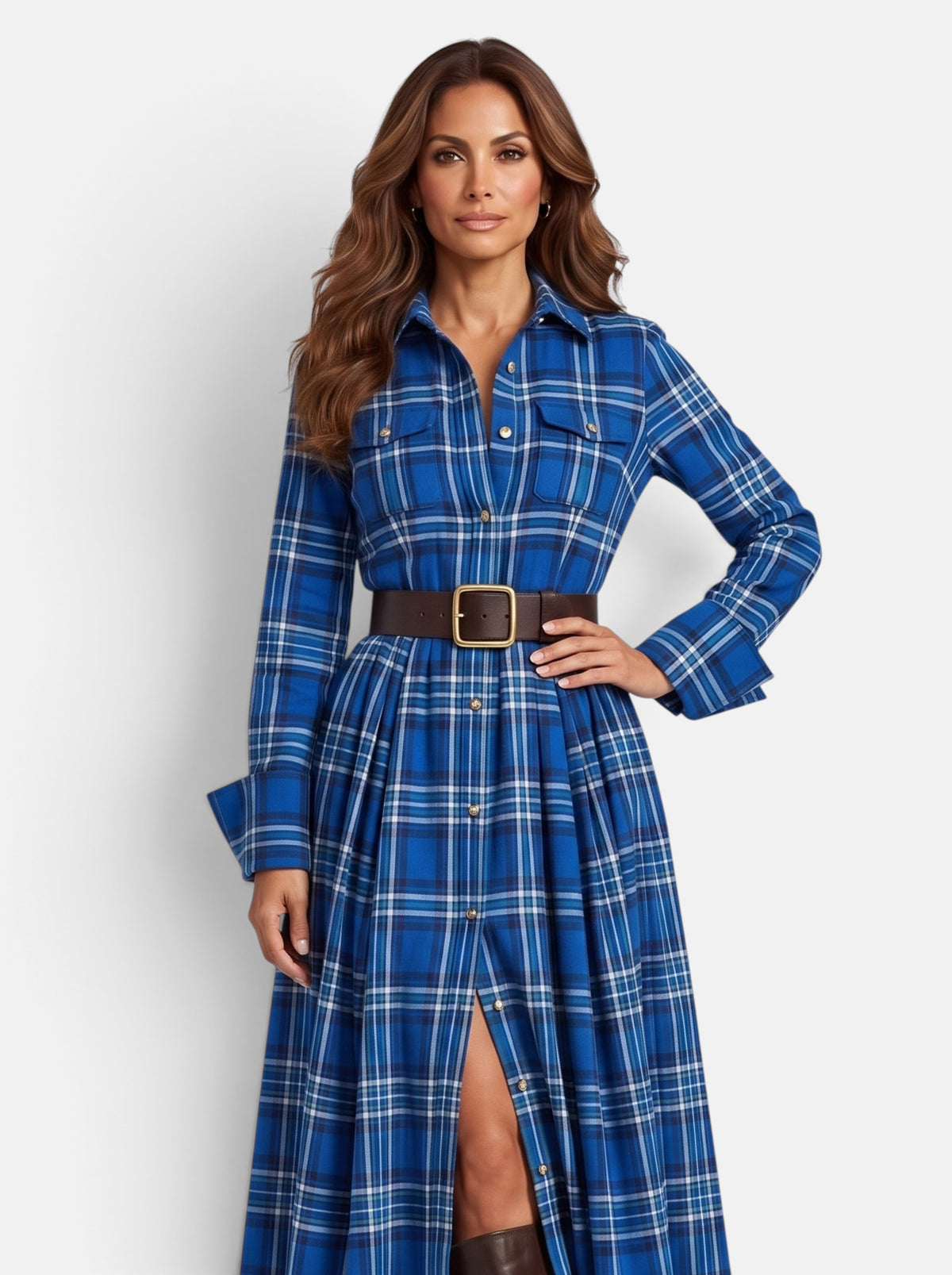 Women's Flowing Plaid Button-Down Belted Maxi Dress in Blue - Front View