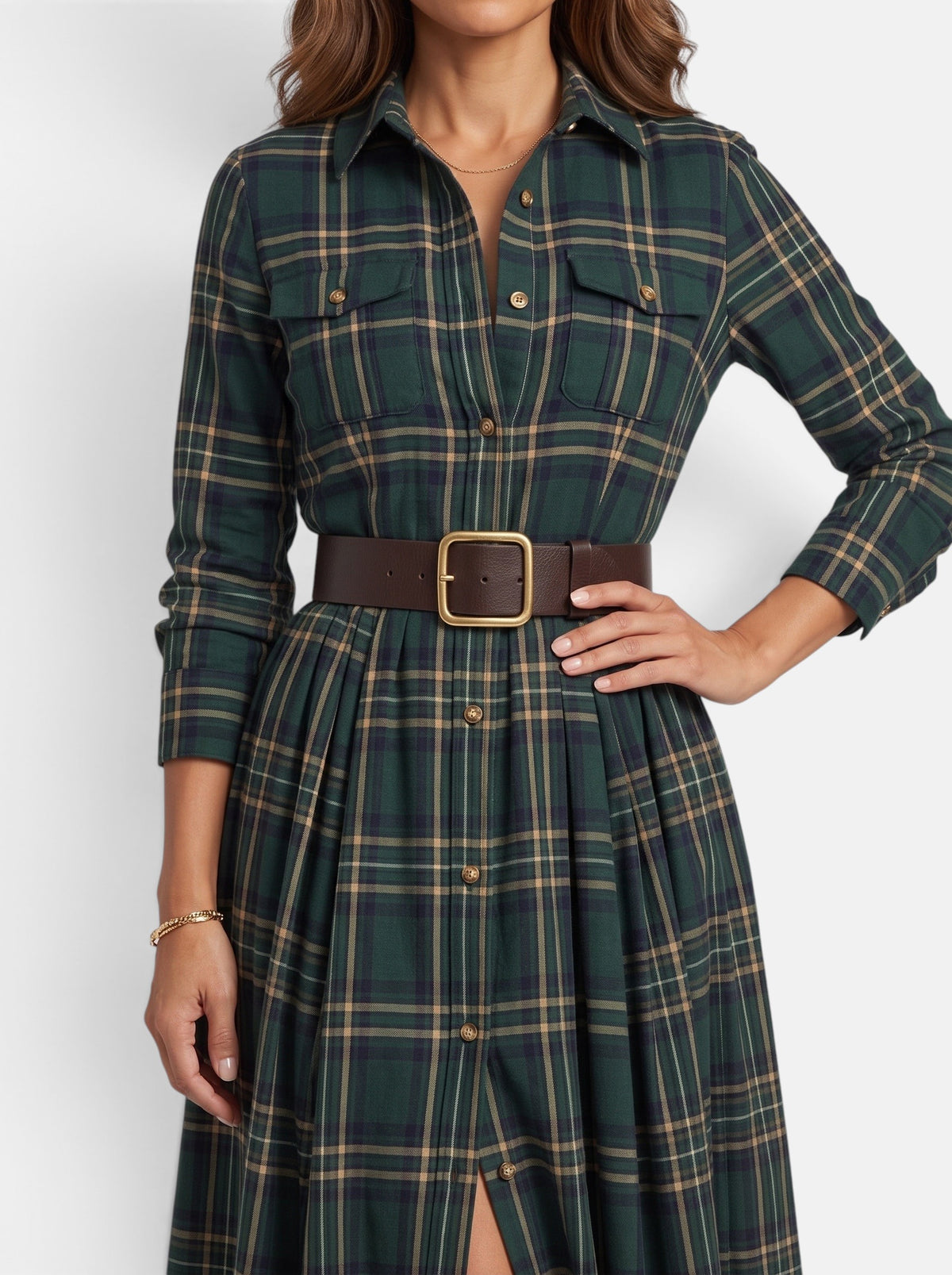 Women's Flowing Plaid Button-Down Belted Maxi Dress - Belt Detail View