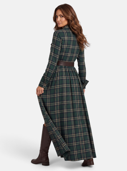 Women's Flowing Plaid Button-Down Belted Maxi Dress in Green - Back View