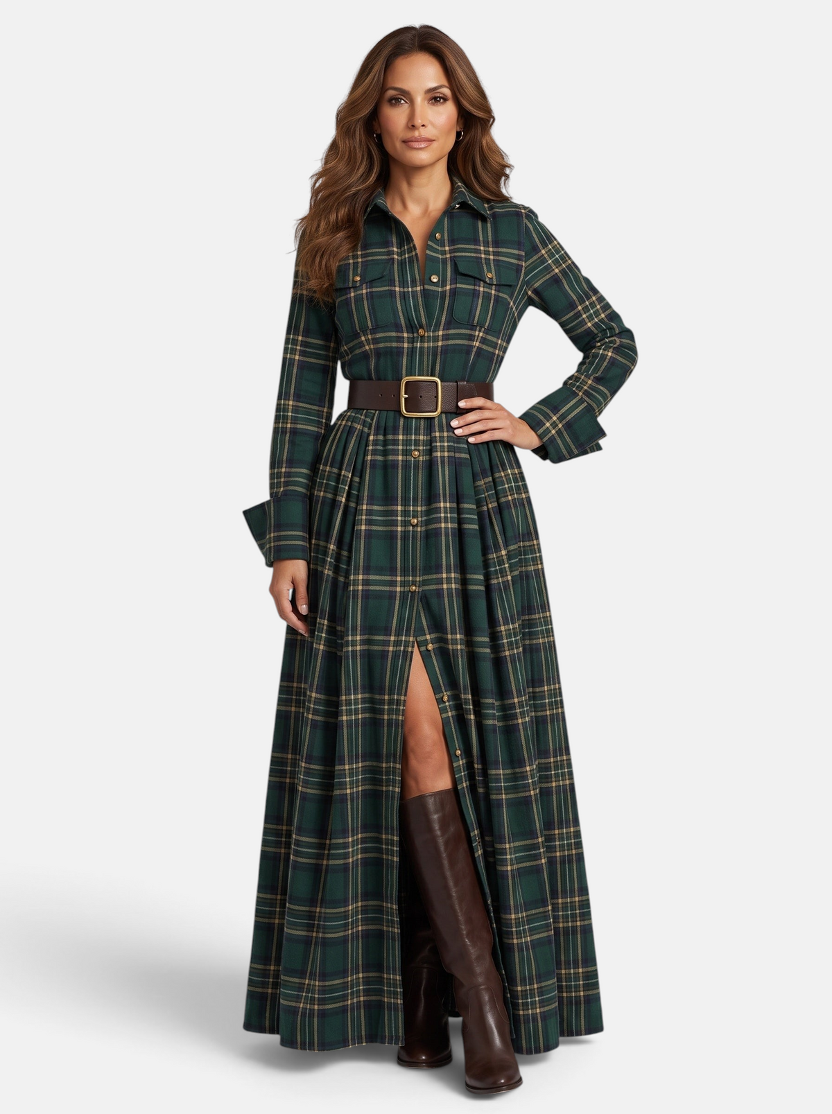 Women's Flowing Plaid Button-Down Belted Maxi Dress in Green - Full View
