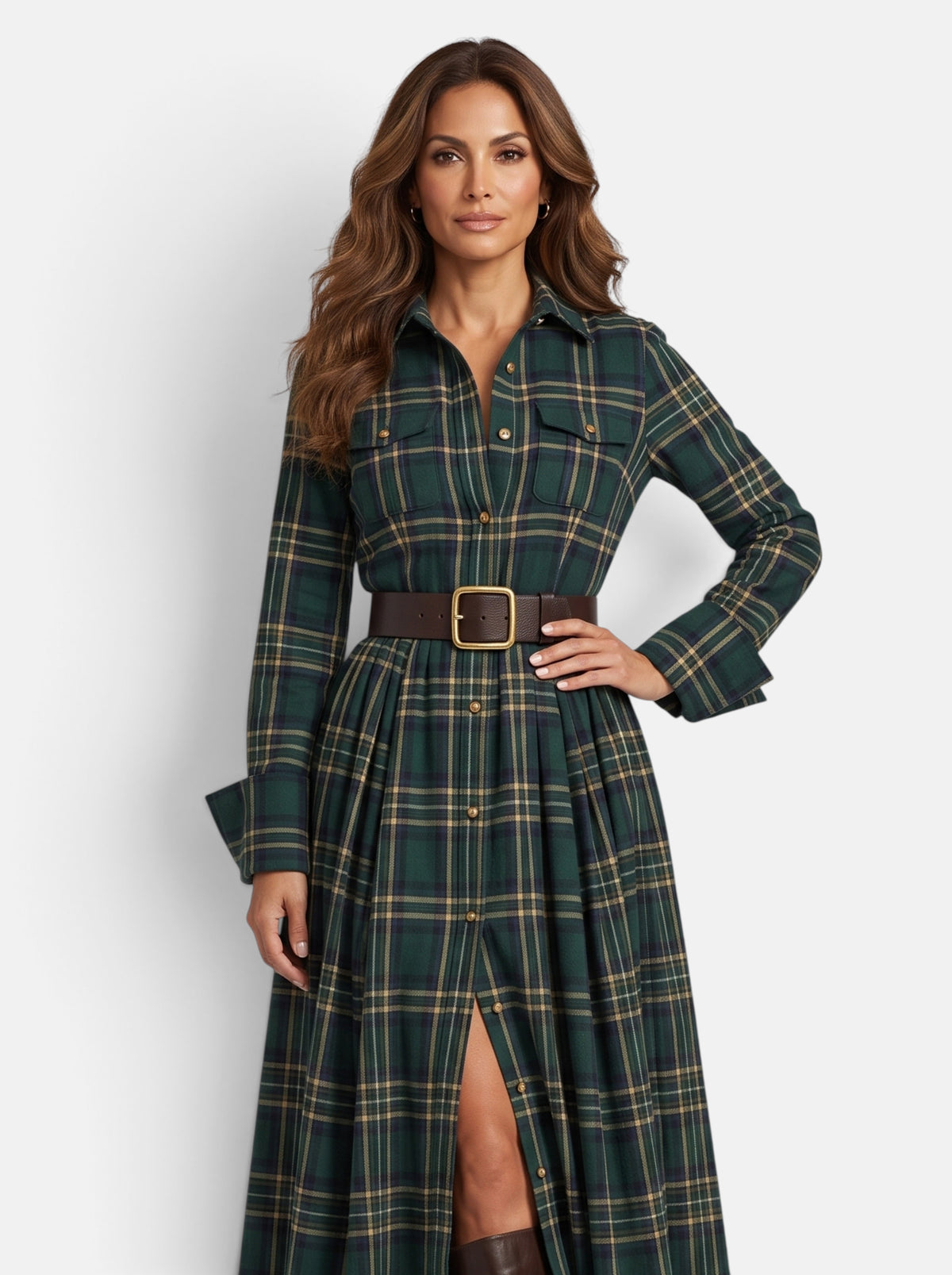 Women's Flowing Plaid Button-Down Belted Maxi Dress in Green - Front View