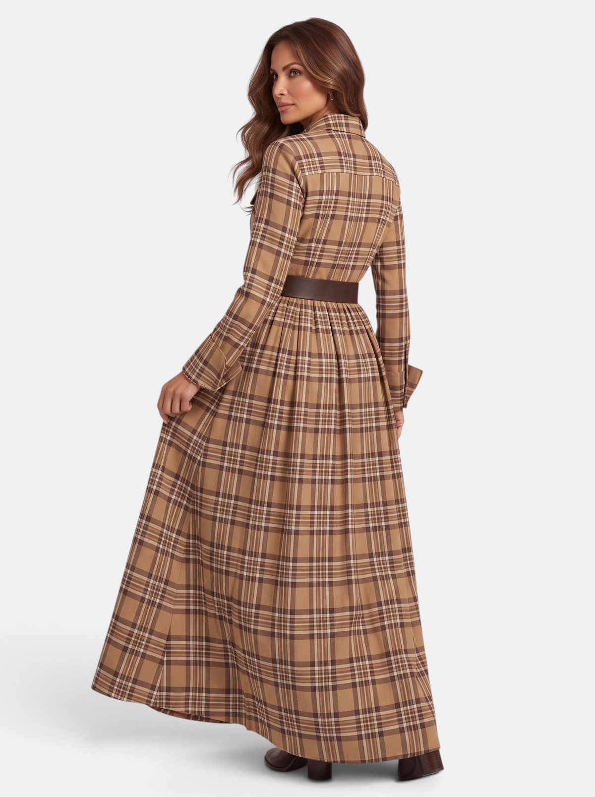 Women's Flowing Plaid Button-Down Belted Maxi Dress in Khaki - Back View