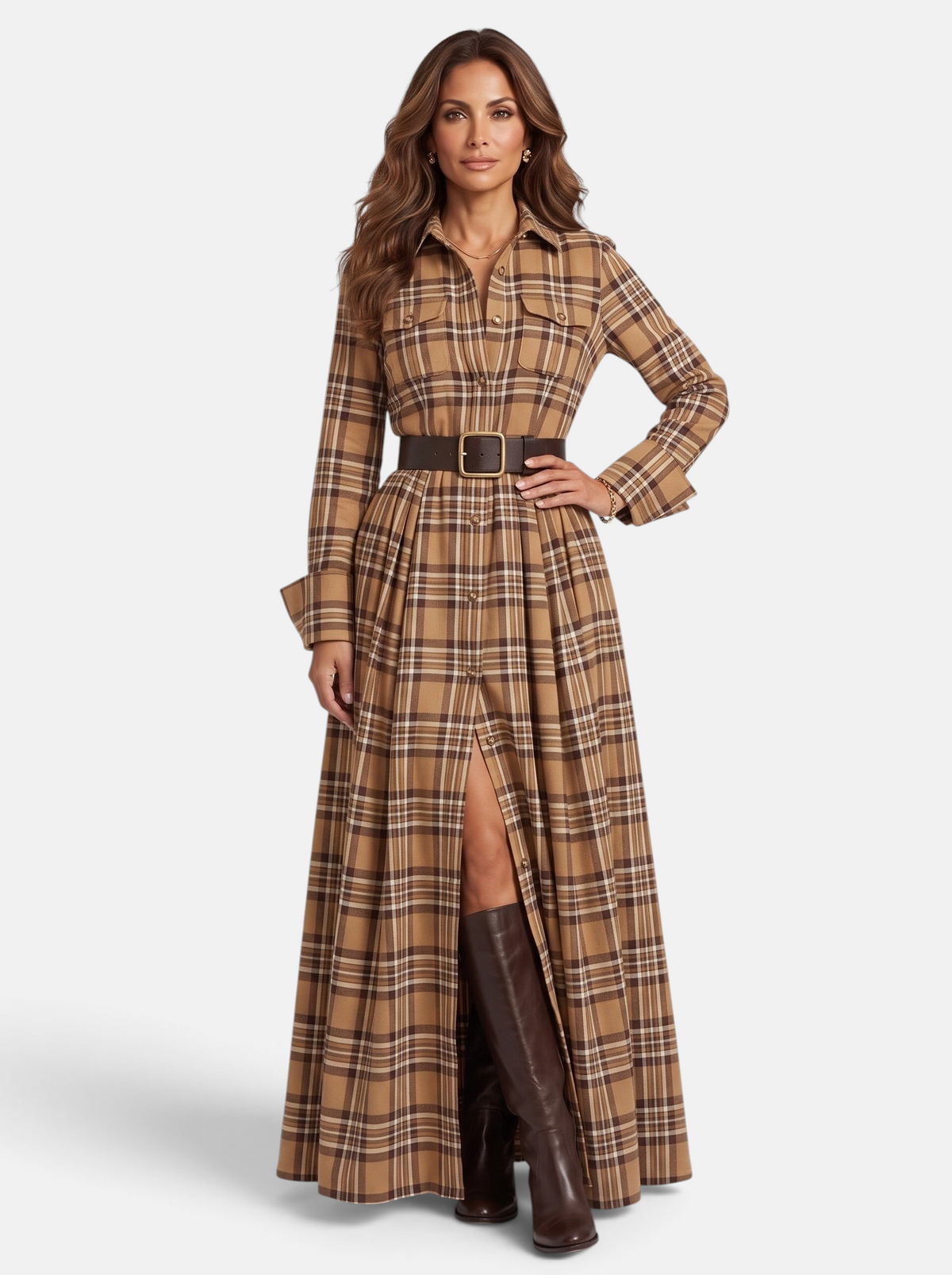 Women's Flowing Plaid Button-Down Belted Maxi Dress in Khaki - Full View