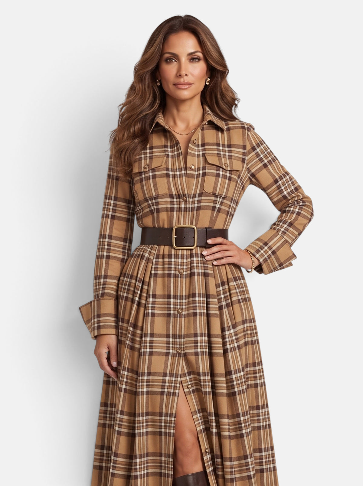 Women's Flowing Plaid Button-Down Belted Maxi Dress in Khaki - Front View
