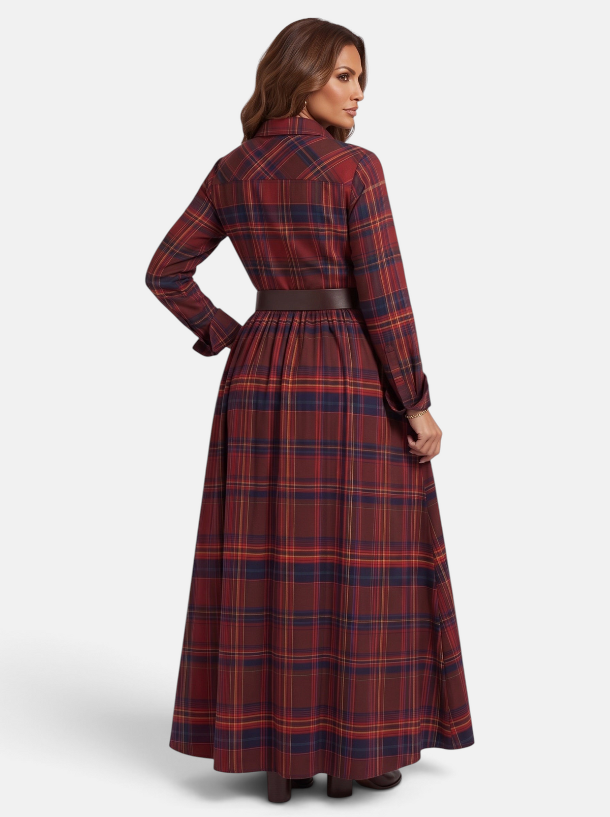Women's Flowing Plaid Button-Down Belted Maxi Dress in Red - Back View