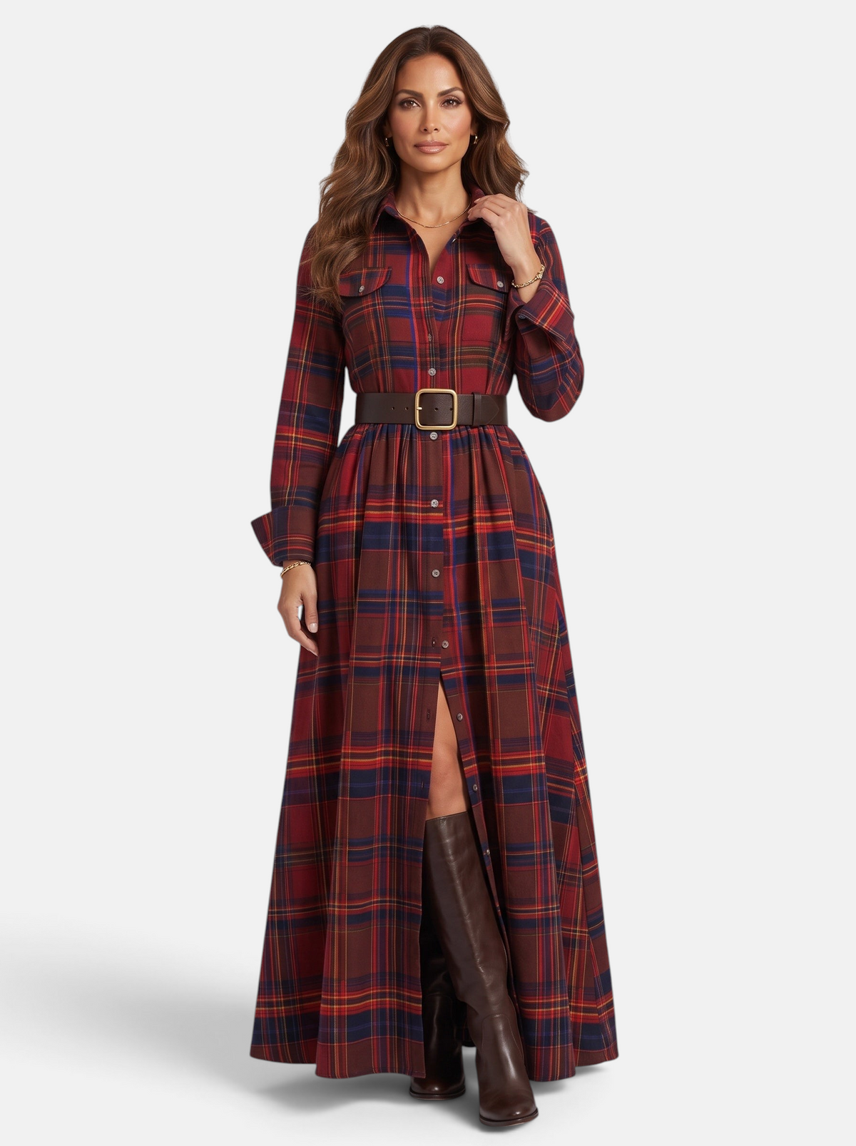 Women's Flowing Plaid Button-Down Belted Maxi Dress in Red - Full View