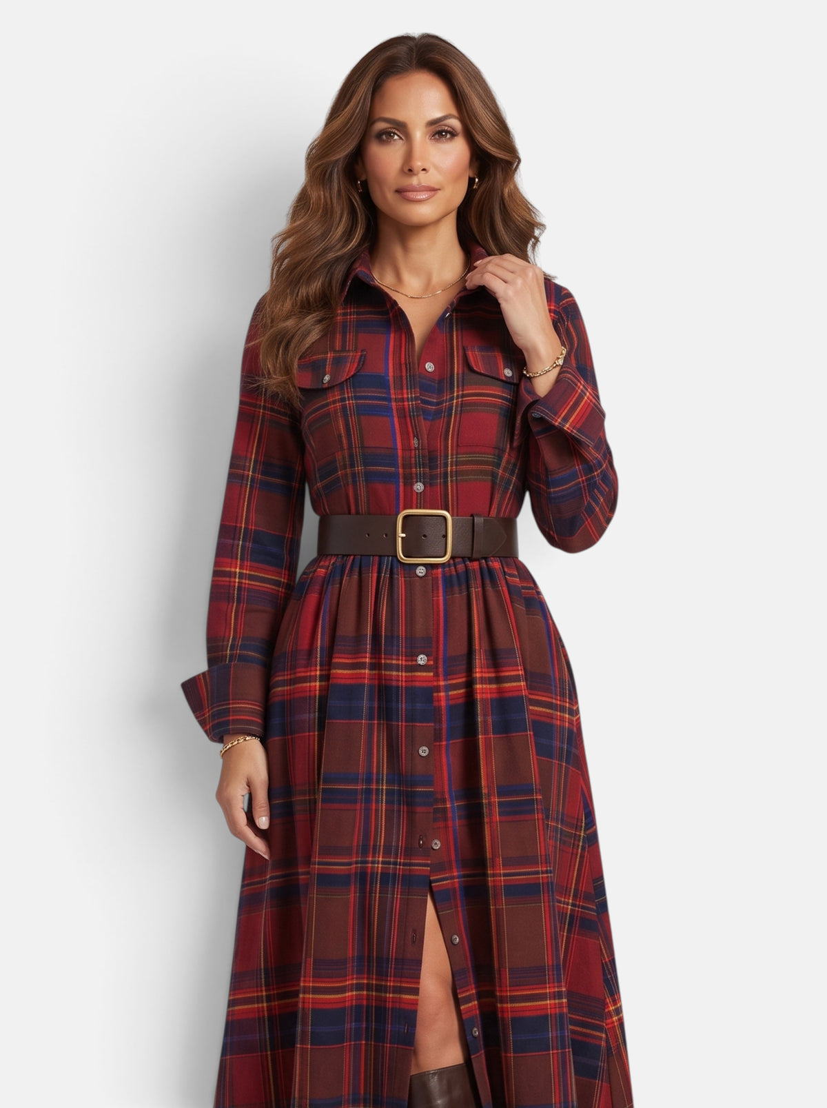 Women's Flowing Plaid Button-Down Belted Maxi Dress in Red - Front View