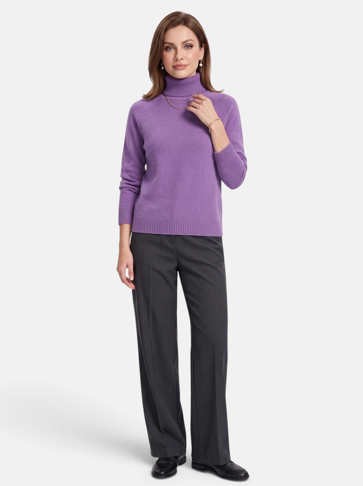Women's Purple Boxy Turtleneck Long Sleeve Knit Sweater - Full Body