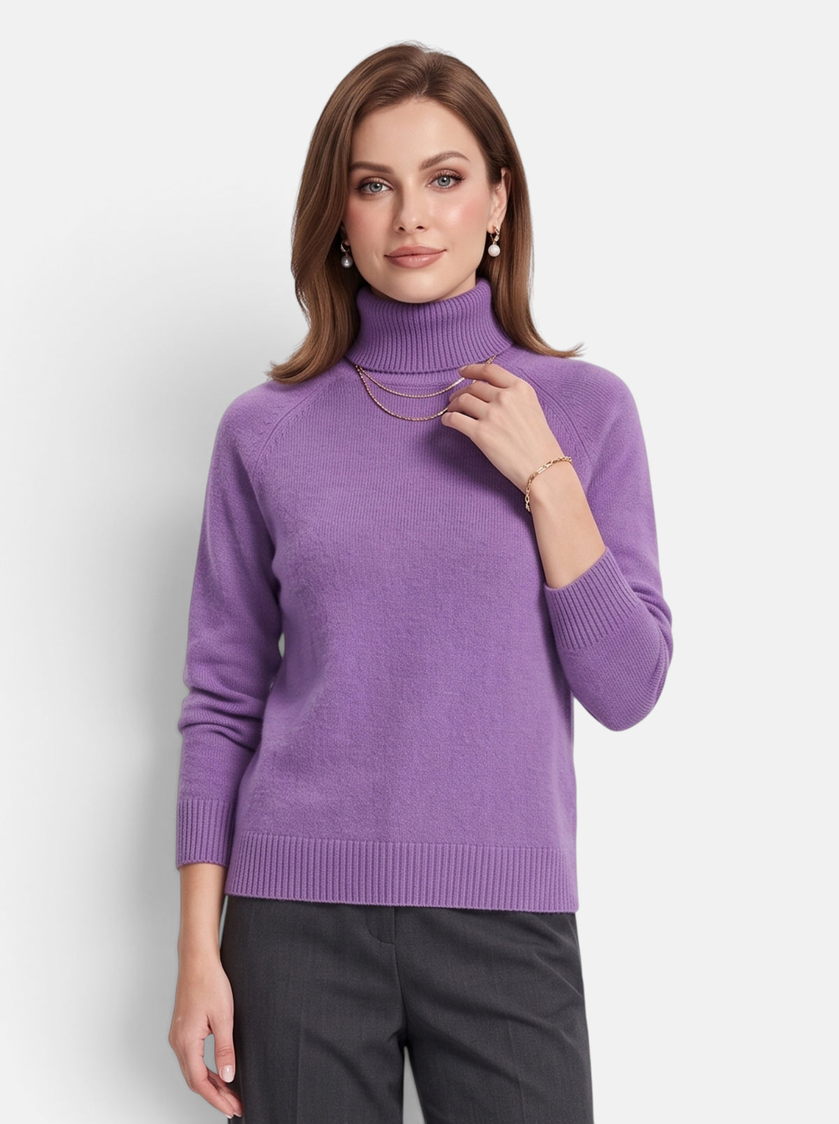 Women's Purple Boxy Turtleneck Long Sleeve Knit Sweater - Front