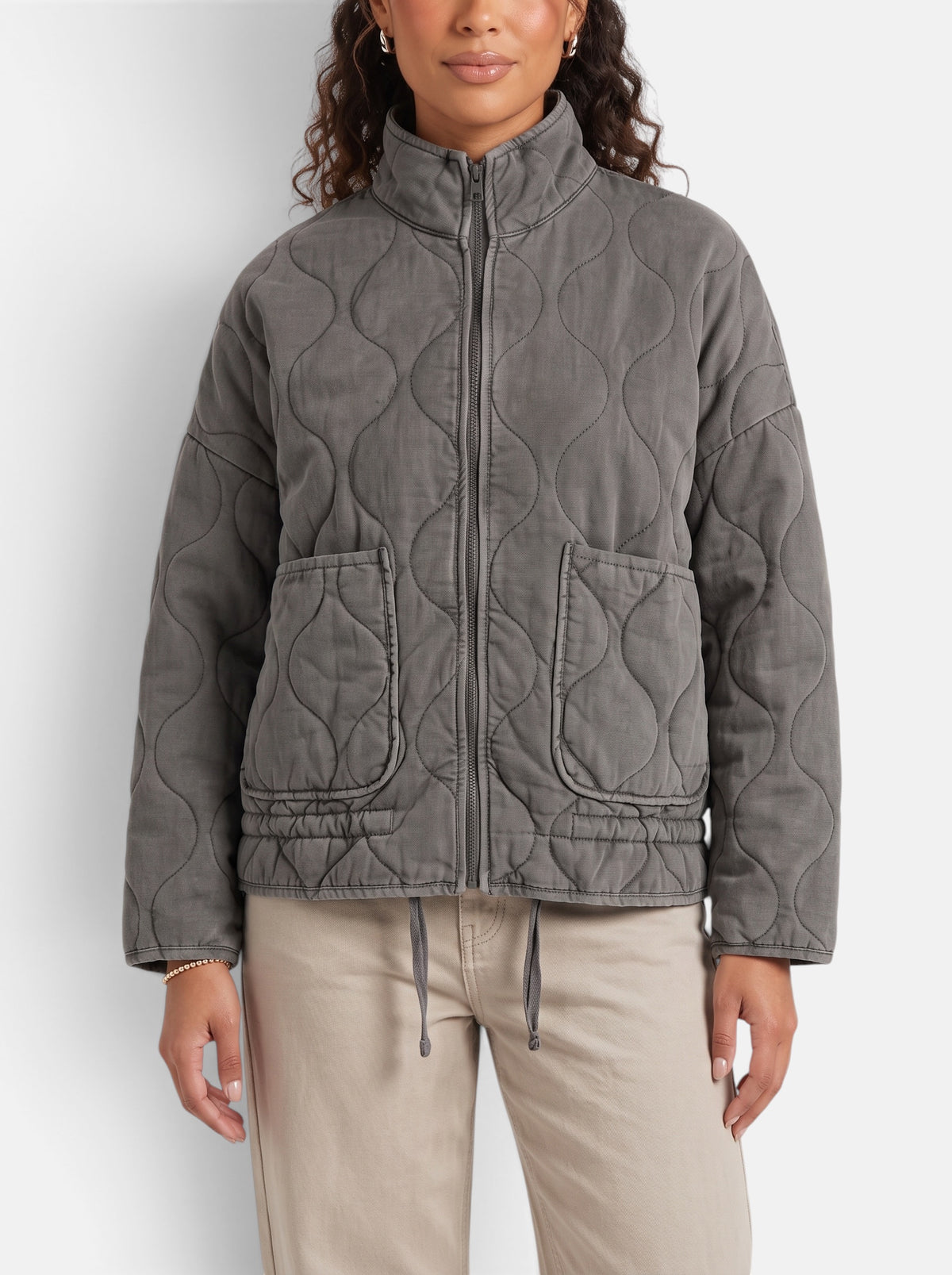 Women's Diamond-Quilted Padded Coat - Quilted Pocket and Zipper Detail
