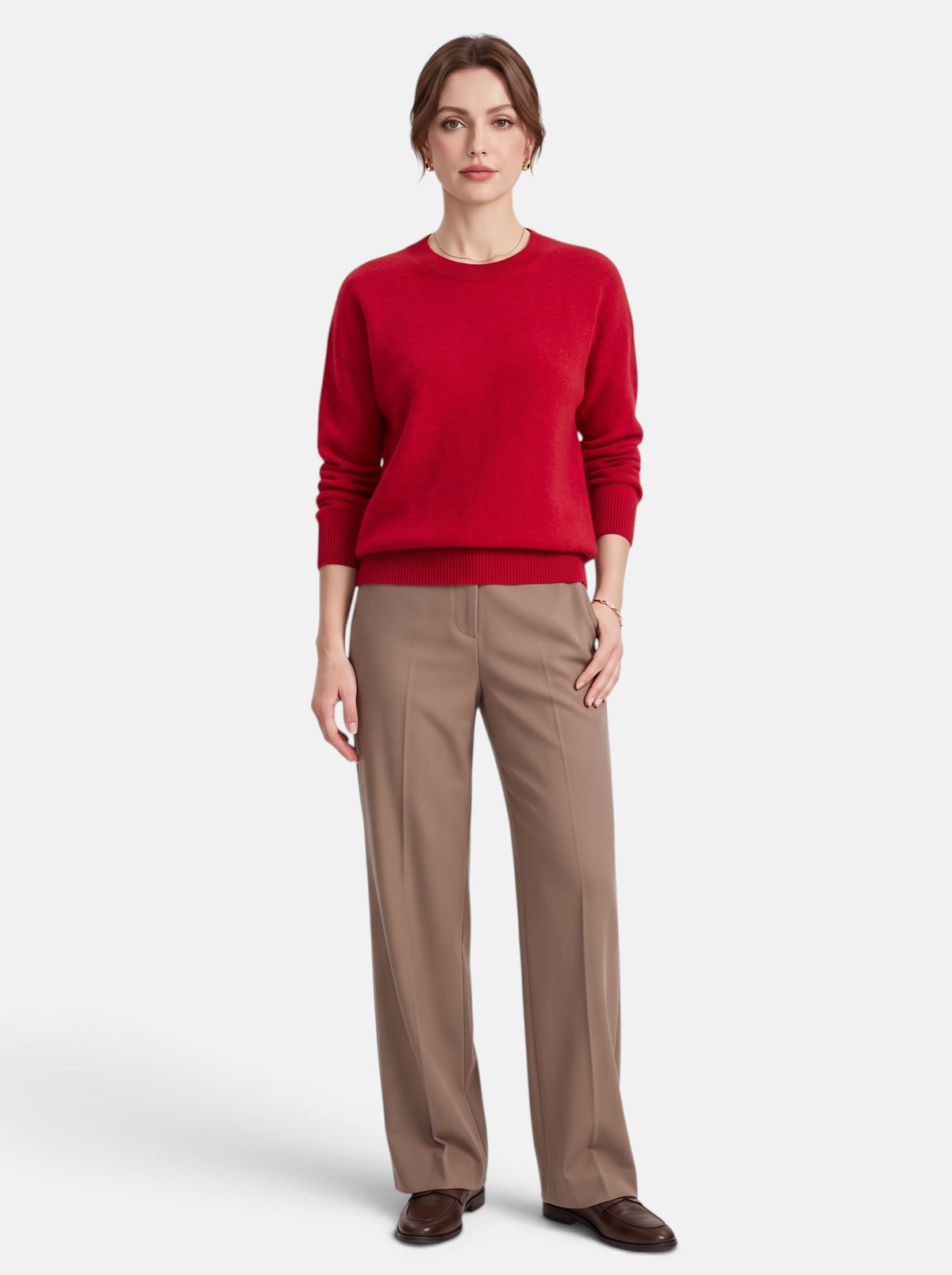 Women's Classic O-Neck Knit Pullover Sweater in Red - Full Length View