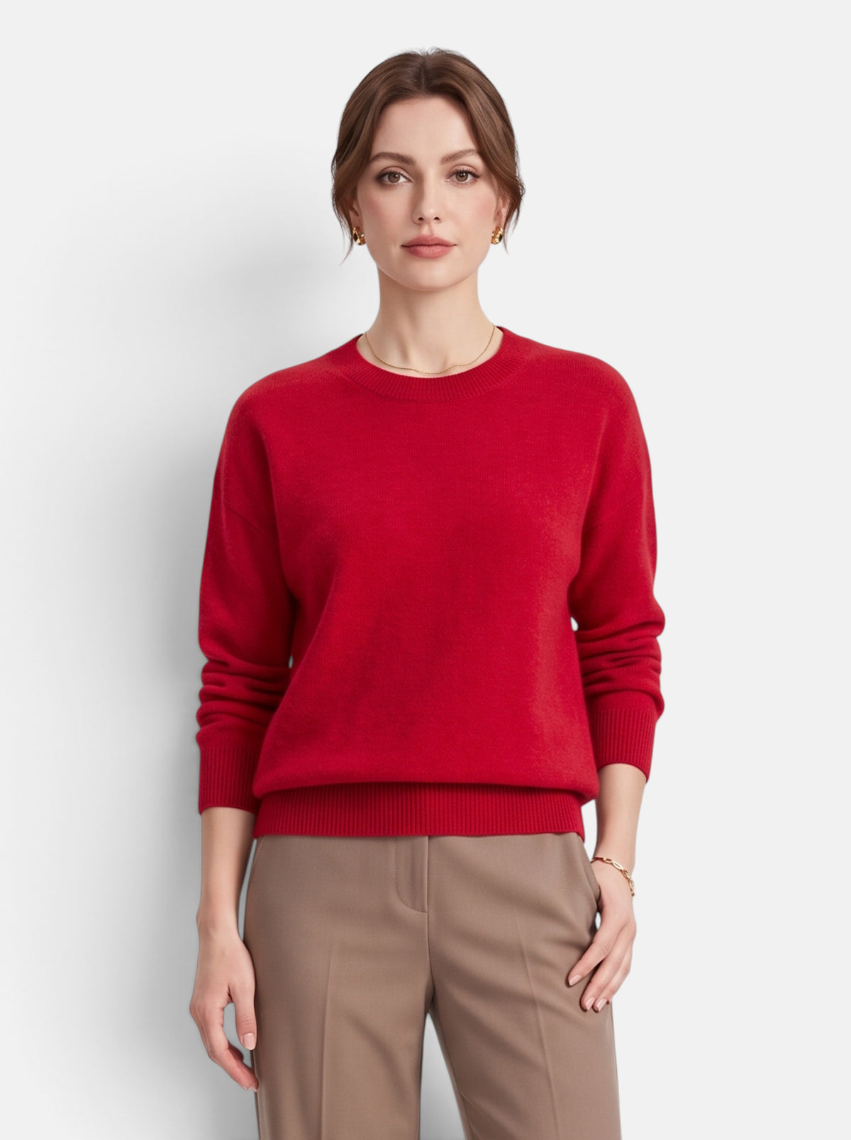Women's Classic O-Neck Knit Pullover Sweater in Red - Front View