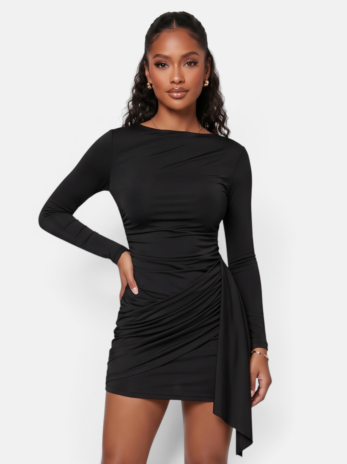 Women's Side-Ruched Wrap Long Sleeve Bodycon Mini Dress in Black - Front View