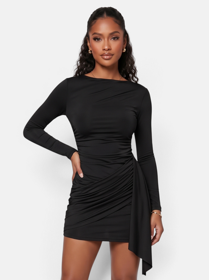 Women's Side-Ruched Wrap Long Sleeve Bodycon Mini Dress in Black - Front View
