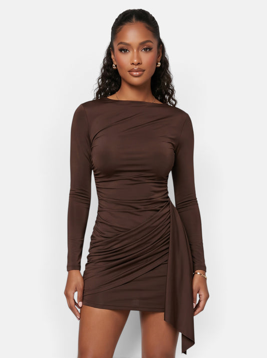 Women's Side-Ruched Wrap Long Sleeve Bodycon Mini Dress in Brown - Front View