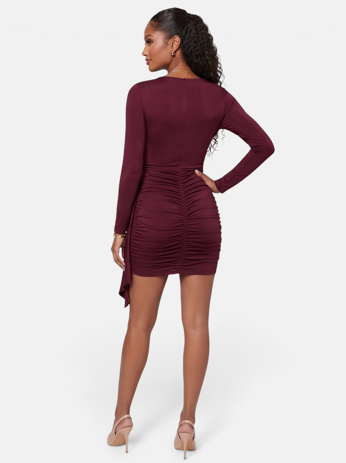 Women's Side-Ruched Wrap Long Sleeve Bodycon Mini Dress in Burgundy - Back View