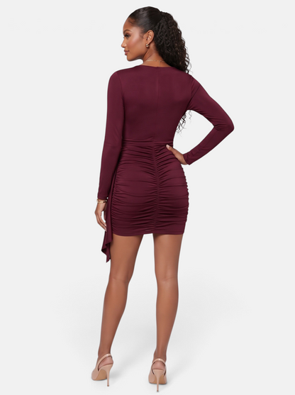 Women's Side-Ruched Wrap Long Sleeve Bodycon Mini Dress in Burgundy - Back View